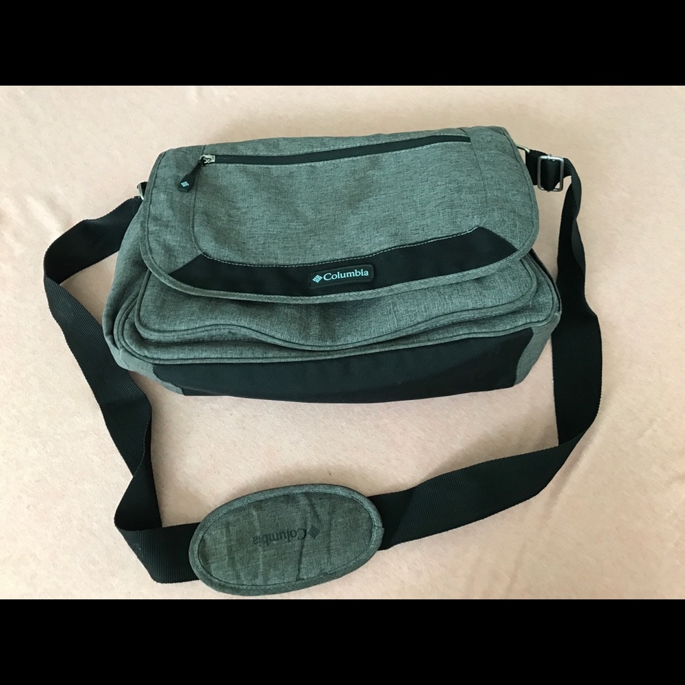 Grey Columbia messenger style diaper bag.